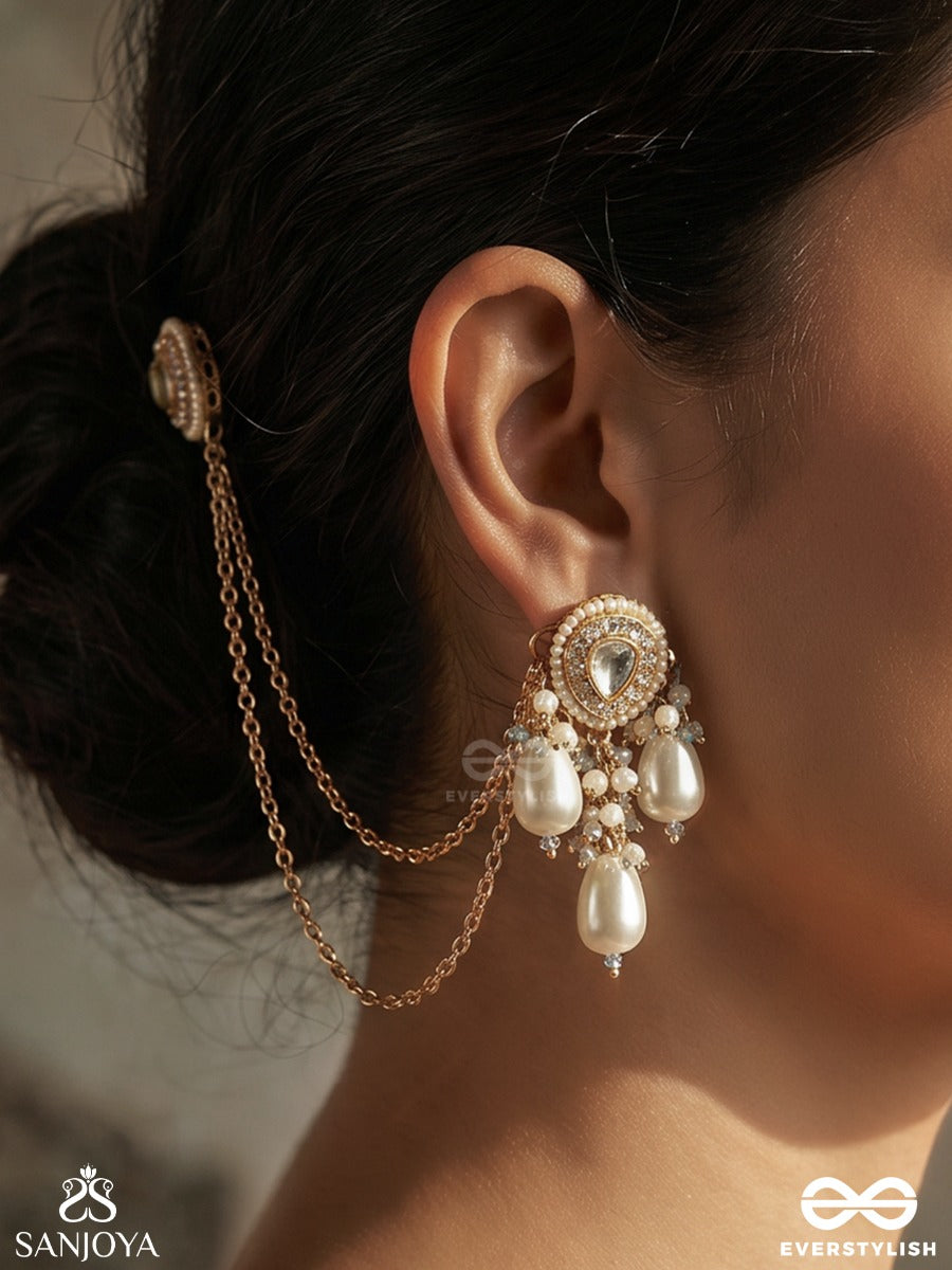 Karnamukti – Pearl Of The Ear – Elegant Earrings With Earchain, Oval Top Motifs, Delicate Gold-Tone Chainwork And Soft Pearl Drop Accents