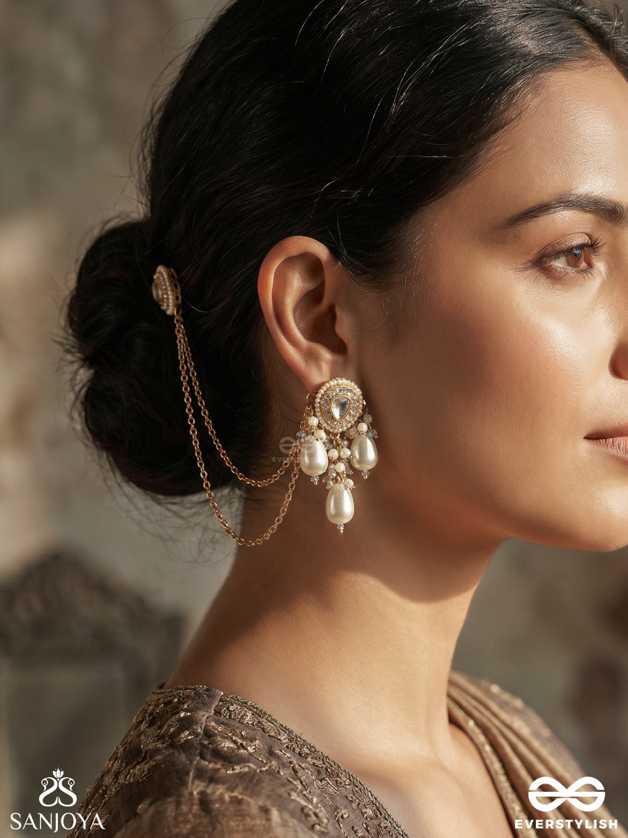 Karnamukti – Pearl Of The Ear – Elegant Earrings With Earchain, Oval Top Motifs, Delicate Gold-Tone Chainwork And Soft Pearl Drop Accents