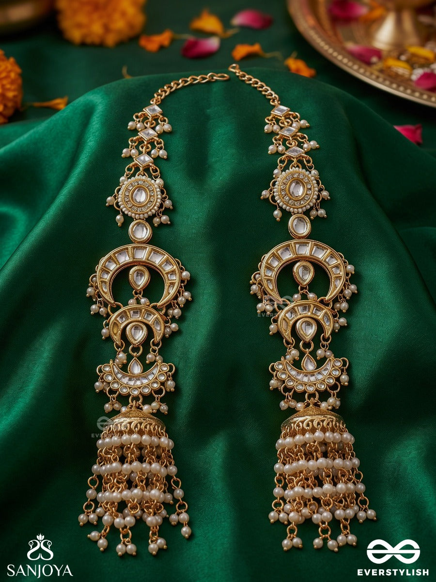 Tarinjali – Flowing Offering – Ornate Kaanchain Earrings With Elongated Gold-Tone Links, Pearl Tassel Drop And Intricate Dangling Details