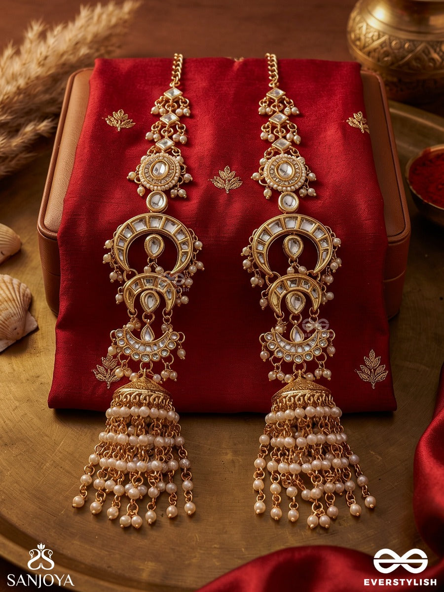 Tarinjali – Flowing Offering – Ornate Kaanchain Earrings With Elongated Gold-Tone Links, Pearl Tassel Drop And Intricate Dangling Details