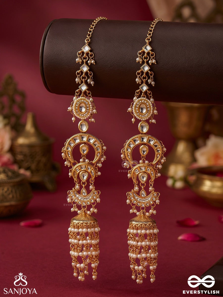Tarinjali – Flowing Offering – Ornate Kaanchain Earrings With Elongated Gold-Tone Links, Pearl Tassel Drop And Intricate Dangling Details