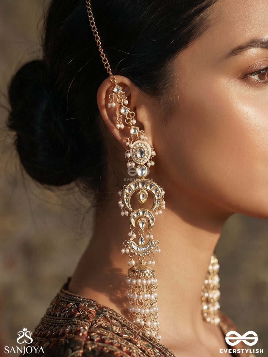 Tarinjali – Flowing Offering – Ornate Kaanchain Earrings With Elongated Gold-Tone Links, Pearl Tassel Drop And Intricate Dangling Details