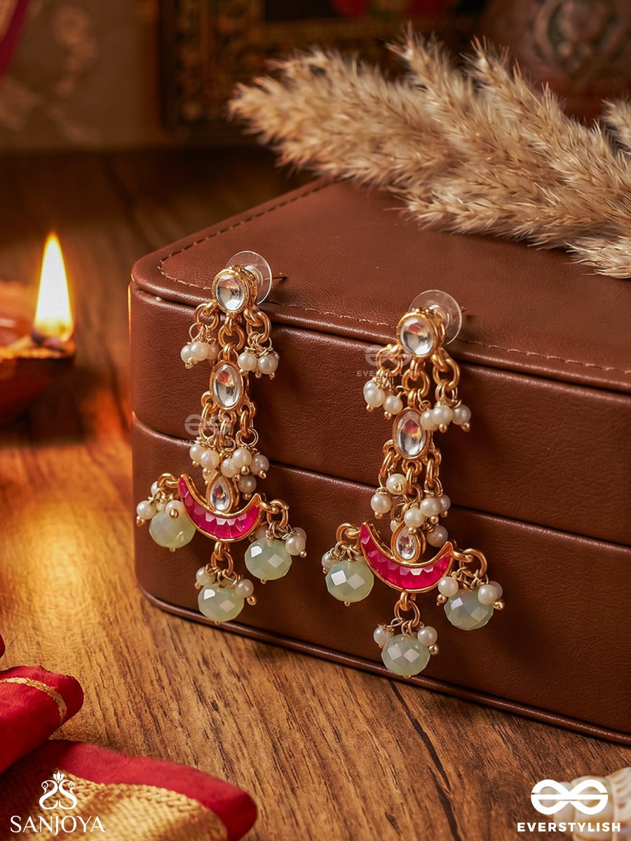 Mrinaya – Tender Bloom – Elegant Earrings With Oval Top Motifs, Layered Chain Details, Soft-Red Crescent And Soft Pearl-Bead Danglers