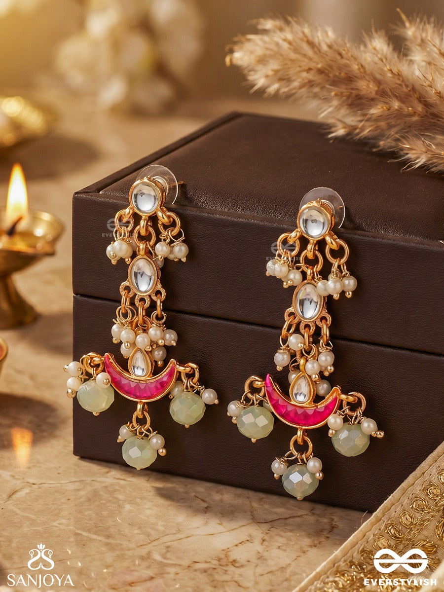Mrinaya – Tender Bloom – Elegant Earrings With Oval Top Motifs, Layered Chain Details, Soft-Red Crescent And Soft Pearl-Bead Danglers