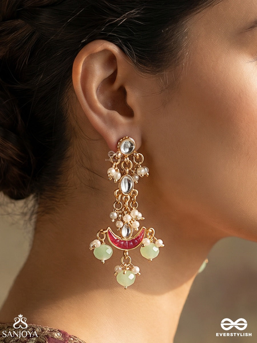 Mrinaya – Tender Bloom – Elegant Earrings With Oval Top Motifs, Layered Chain Details, Soft-Red Crescent And Soft Pearl-Bead Danglers
