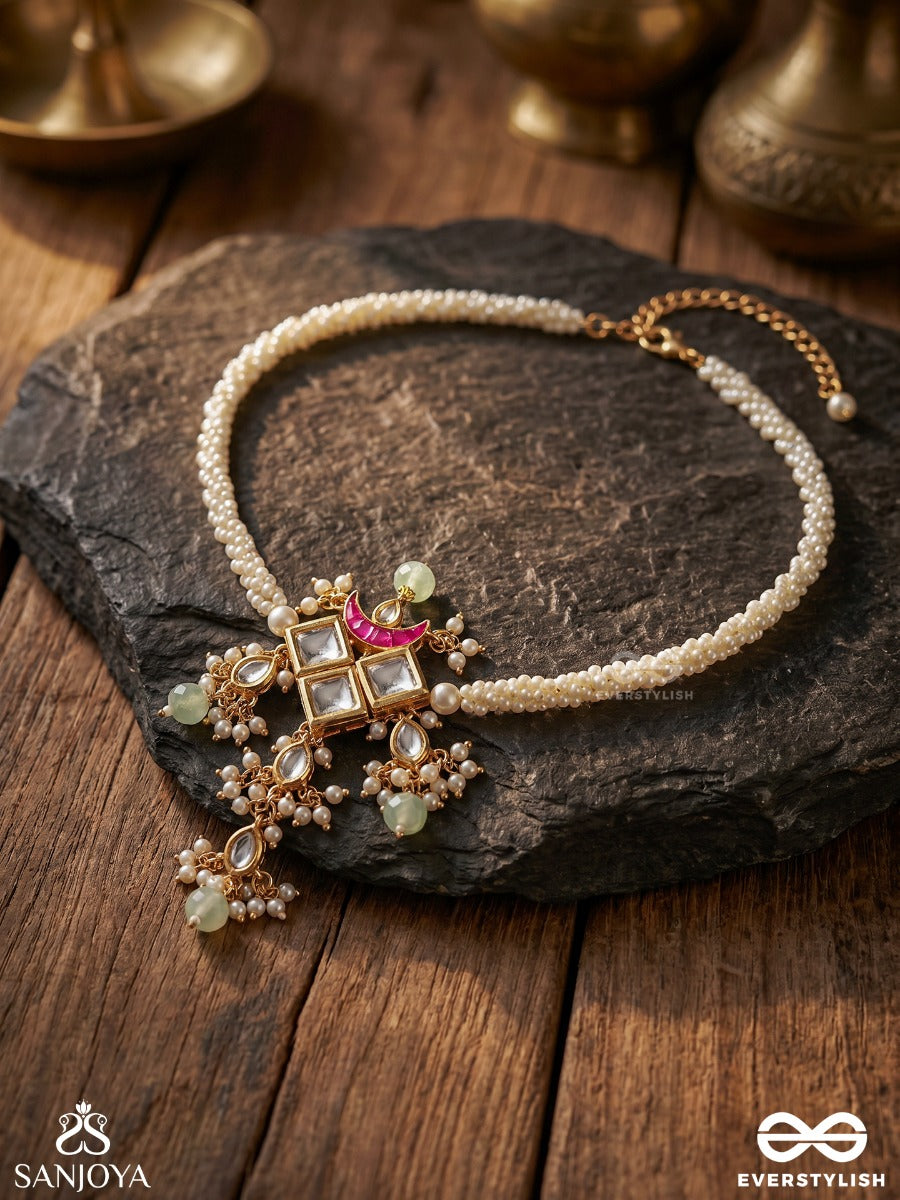 Mrinaya – Tender Bloom – Delicate Necklace With Pearl-Lined Chain, Ornamental Center Detail, Soft Red Crescent And Dainty Drop Hangings