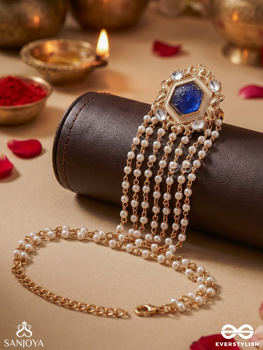 Neelhasta – Blue Hand Grace – Ornate Ring Hathphool With Hexagonal Blue Center Motif, Pearl-Lined Strands And Delicate Gold-Tone Chain Detailing