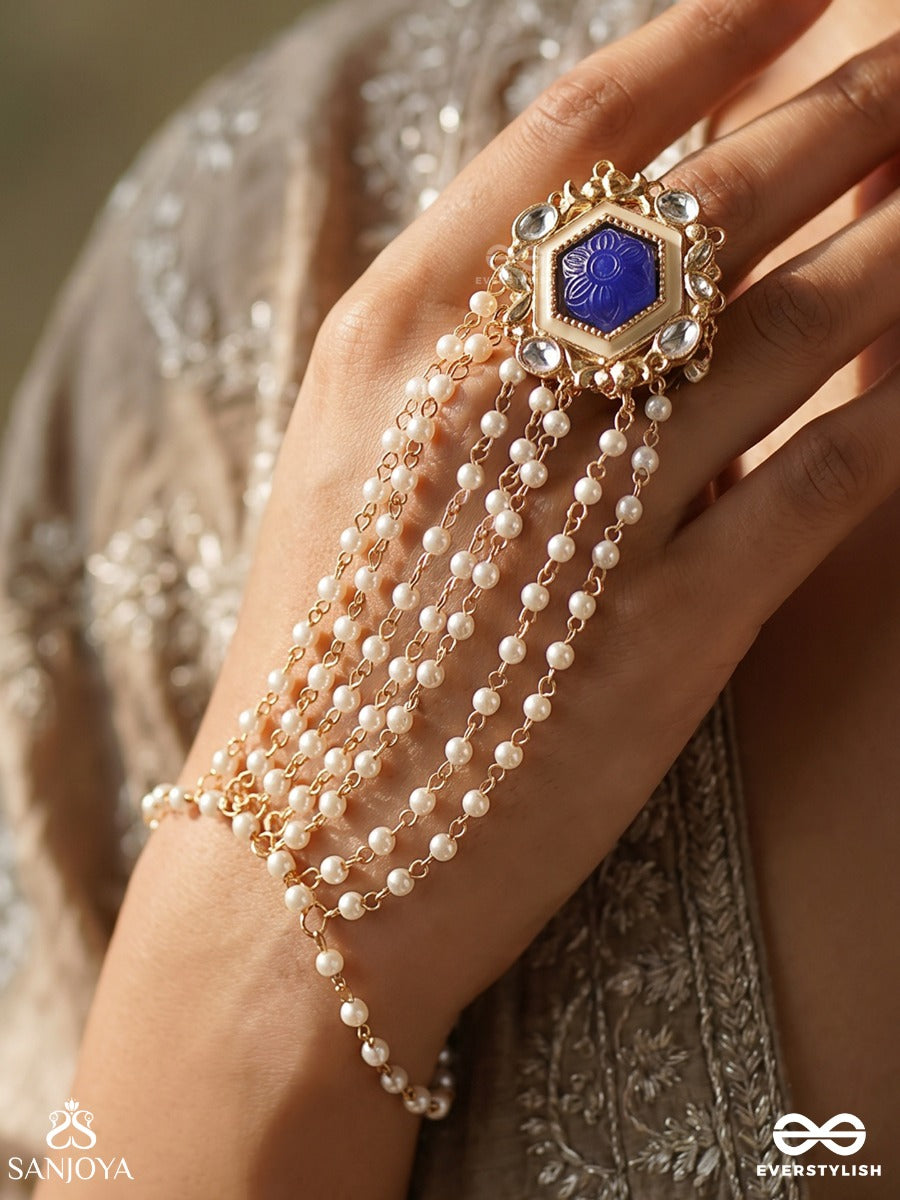 Neelhasta – Blue Hand Grace – Ornate Ring Hathphool With Hexagonal Blue Center Motif, Pearl-Lined Strands And Delicate Gold-Tone Chain Detailing