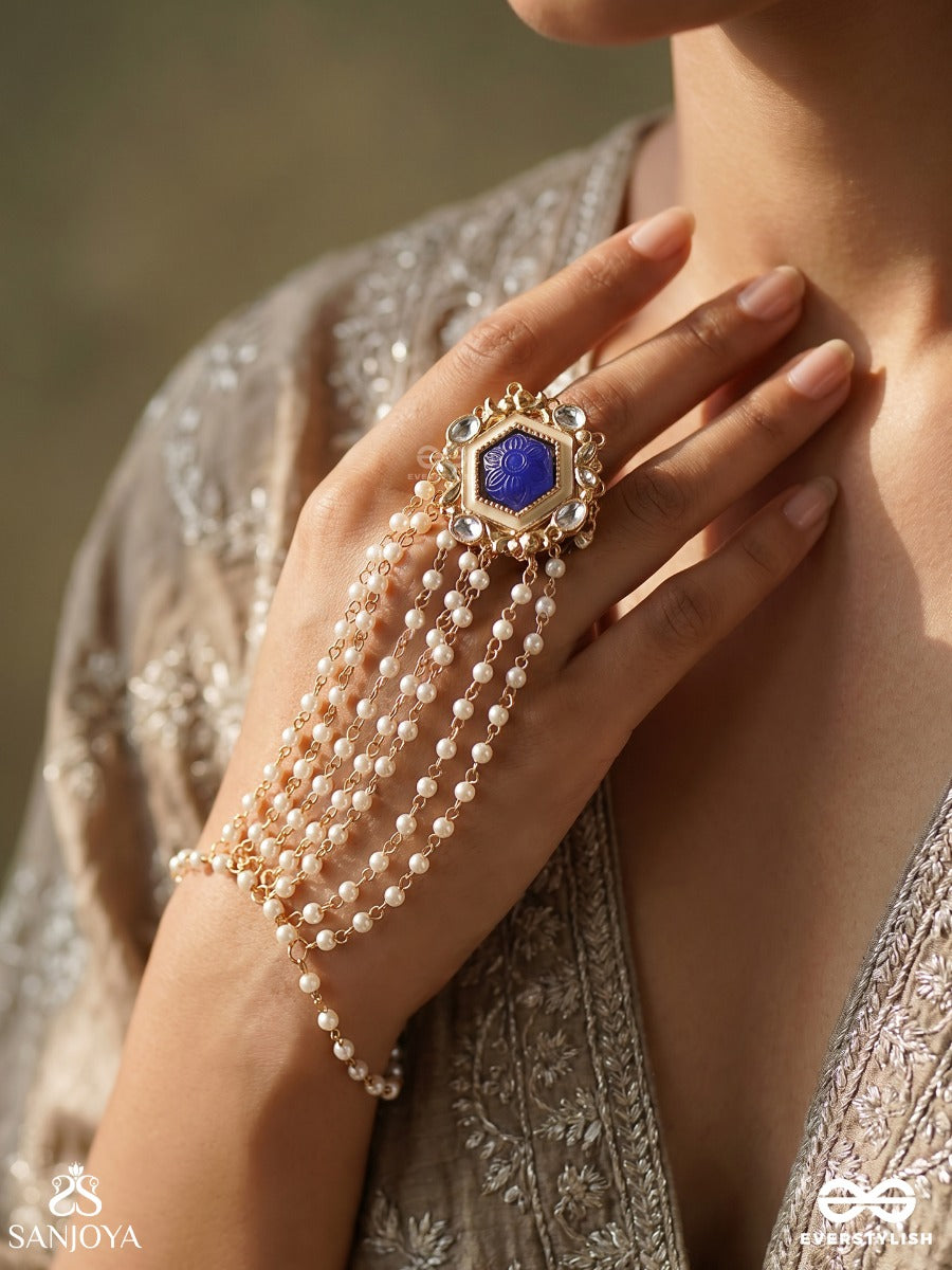 Neelhasta – Blue Hand Grace – Ornate Ring Hathphool With Hexagonal Blue Center Motif, Pearl-Lined Strands And Delicate Gold-Tone Chain Detailing