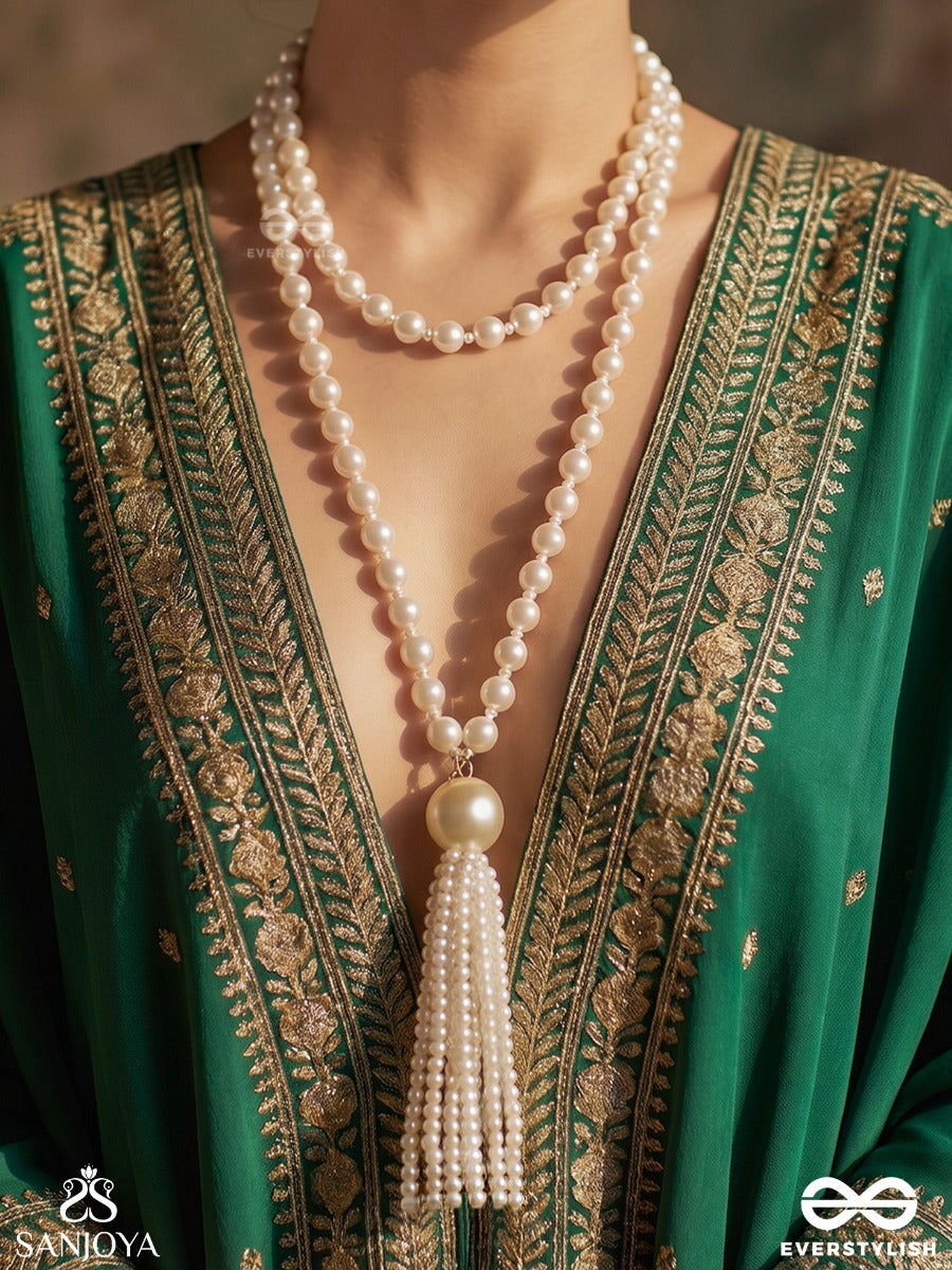Shwetadhara – White Stream – Elegant Pearl Wrap Necklace With Delicate White Bead Strands, A Tassel-Style Drop And Soft Classic Charm