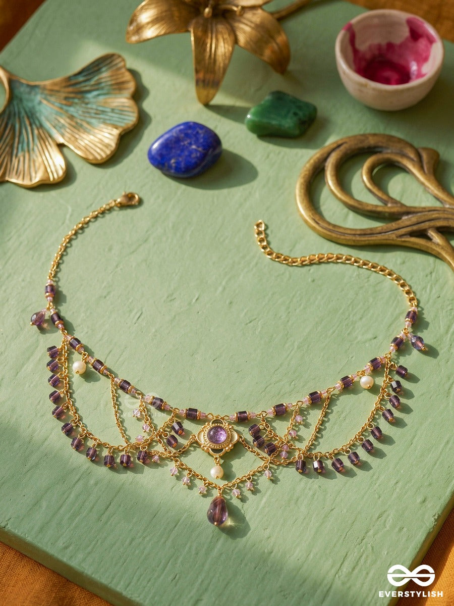 Plum Poetry – Layered Crystal Drape Beaded Necklace With Pearl Drop