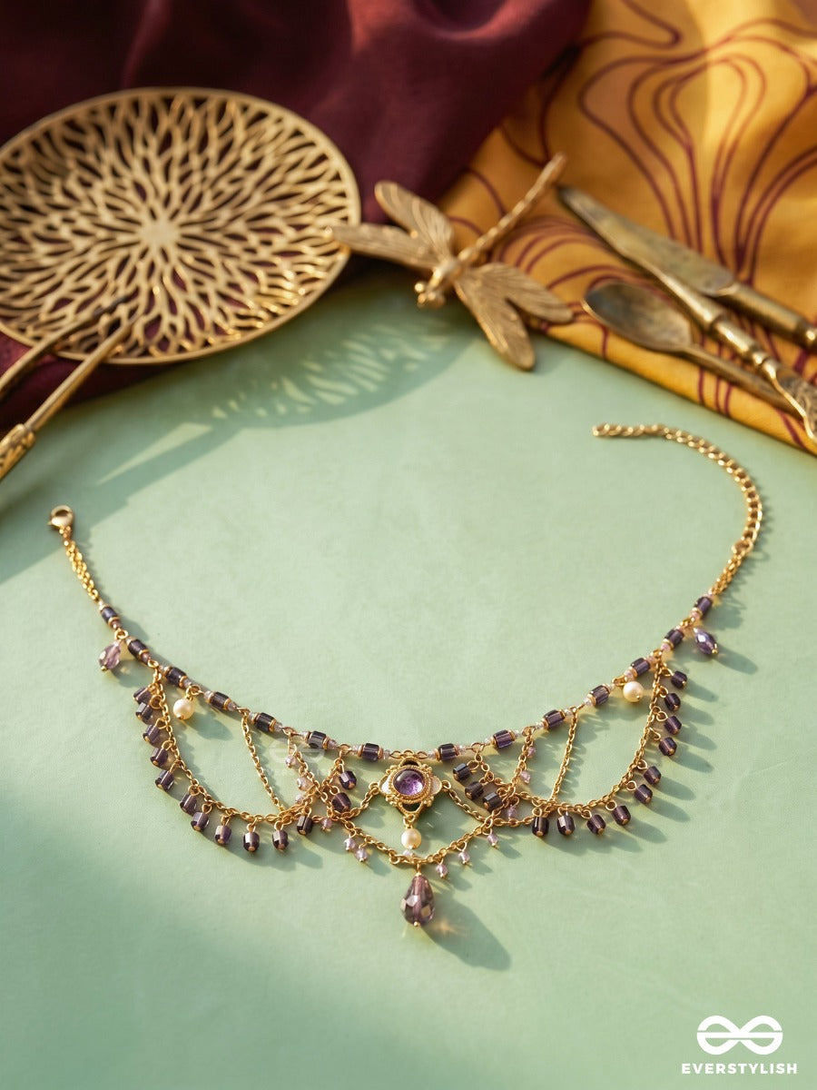 Plum Poetry – Layered Crystal Drape Beaded Necklace With Pearl Drop