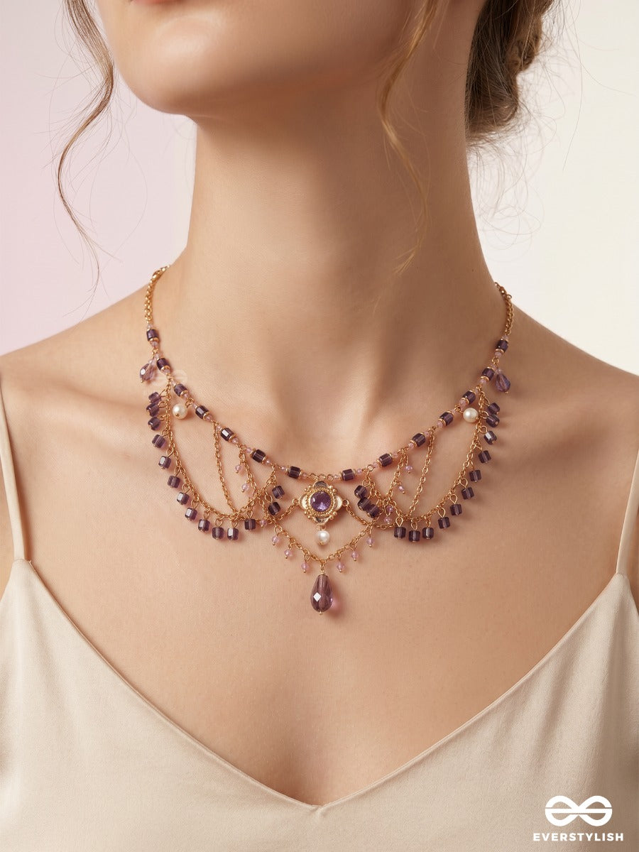 Plum Poetry – Layered Crystal Drape Beaded Necklace With Pearl Drop