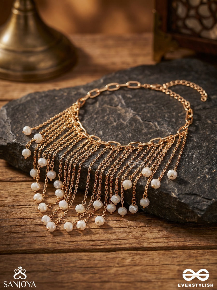 Sajlehra – Adorned Wave – Elegant Hanging Bracelet With Multi-Strand Gold-Tone Chains, Pearl-Like Drop Accents And A Flowing Tassel Finish