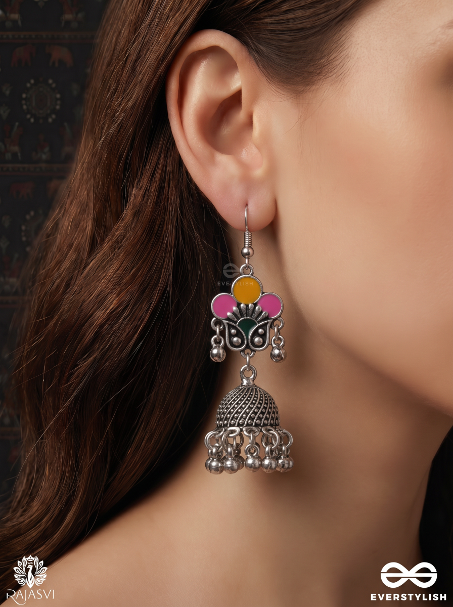 Basantika – Oxidised Heritage Jhumka Earrings With Pink And Mustard Floral Motifs, Green Accents And Ghungroo Fringes