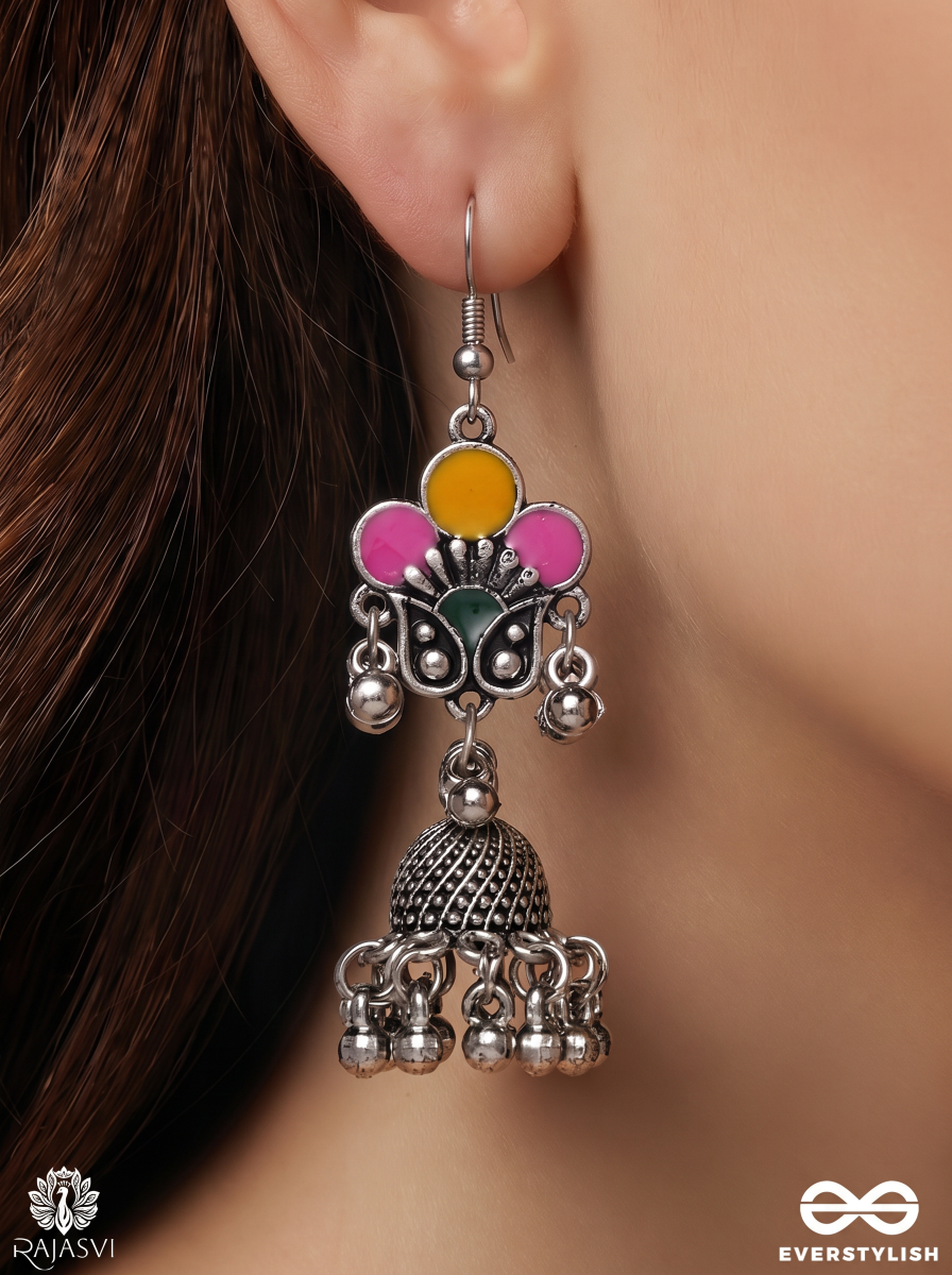 Basantika – Oxidised Heritage Jhumka Earrings With Pink And Mustard Floral Motifs, Green Accents And Ghungroo Fringes