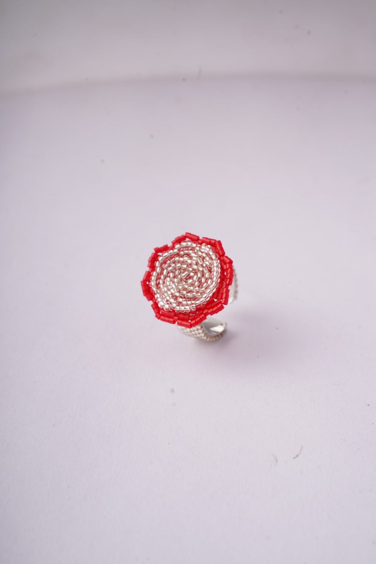 Cherry Bloom - Red & Silver Beaded Flower Statement Ring