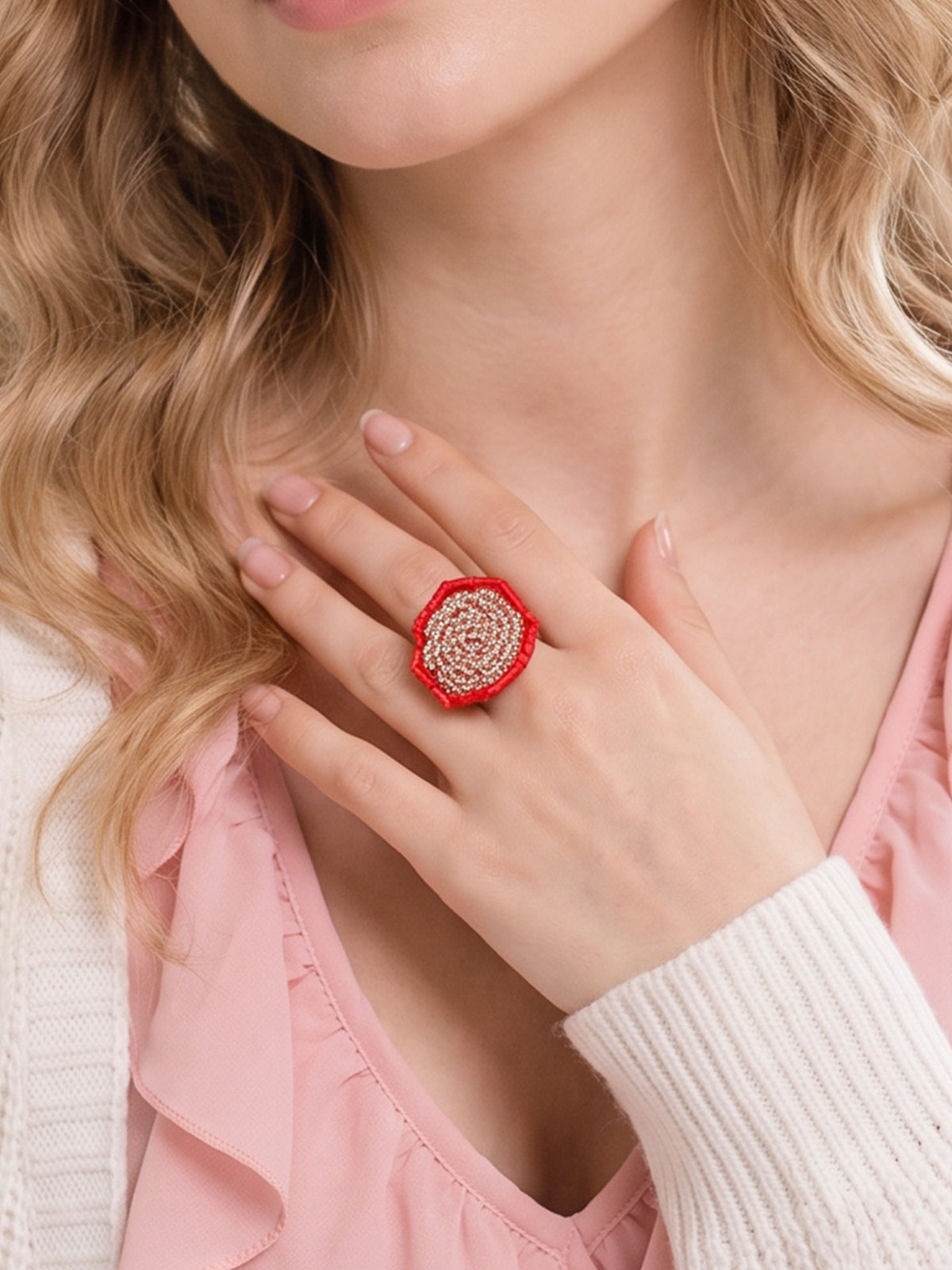 Cherry Bloom - Red & Silver Beaded Flower Statement Ring