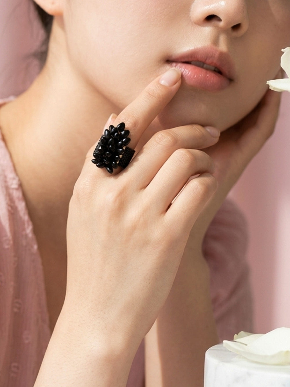 Dark Dahlia - Black Beaded Floral Statement Ring