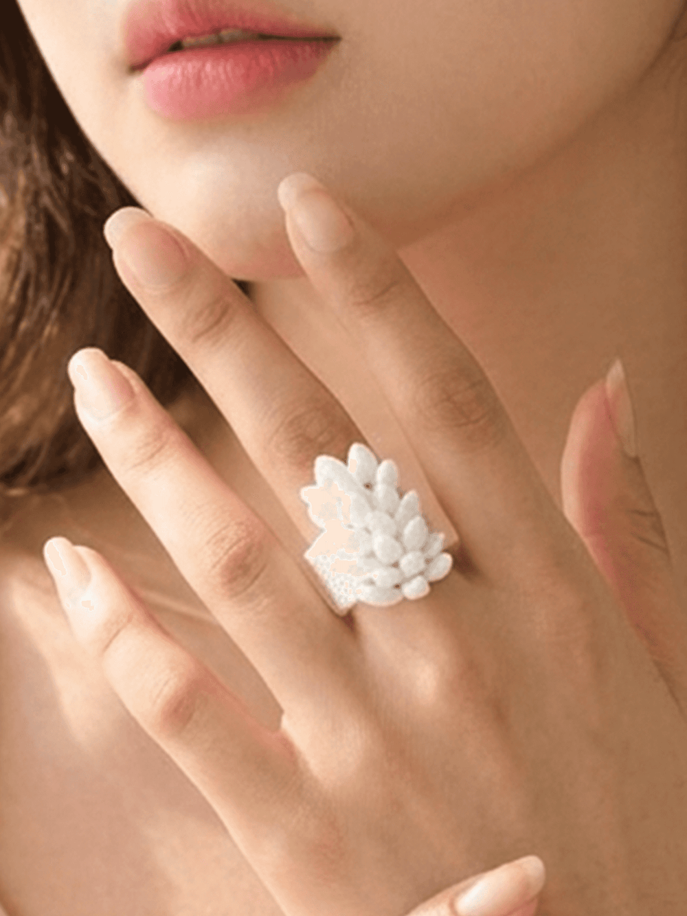 Snow Dahlia - White Beaded Floral Statement Ring
