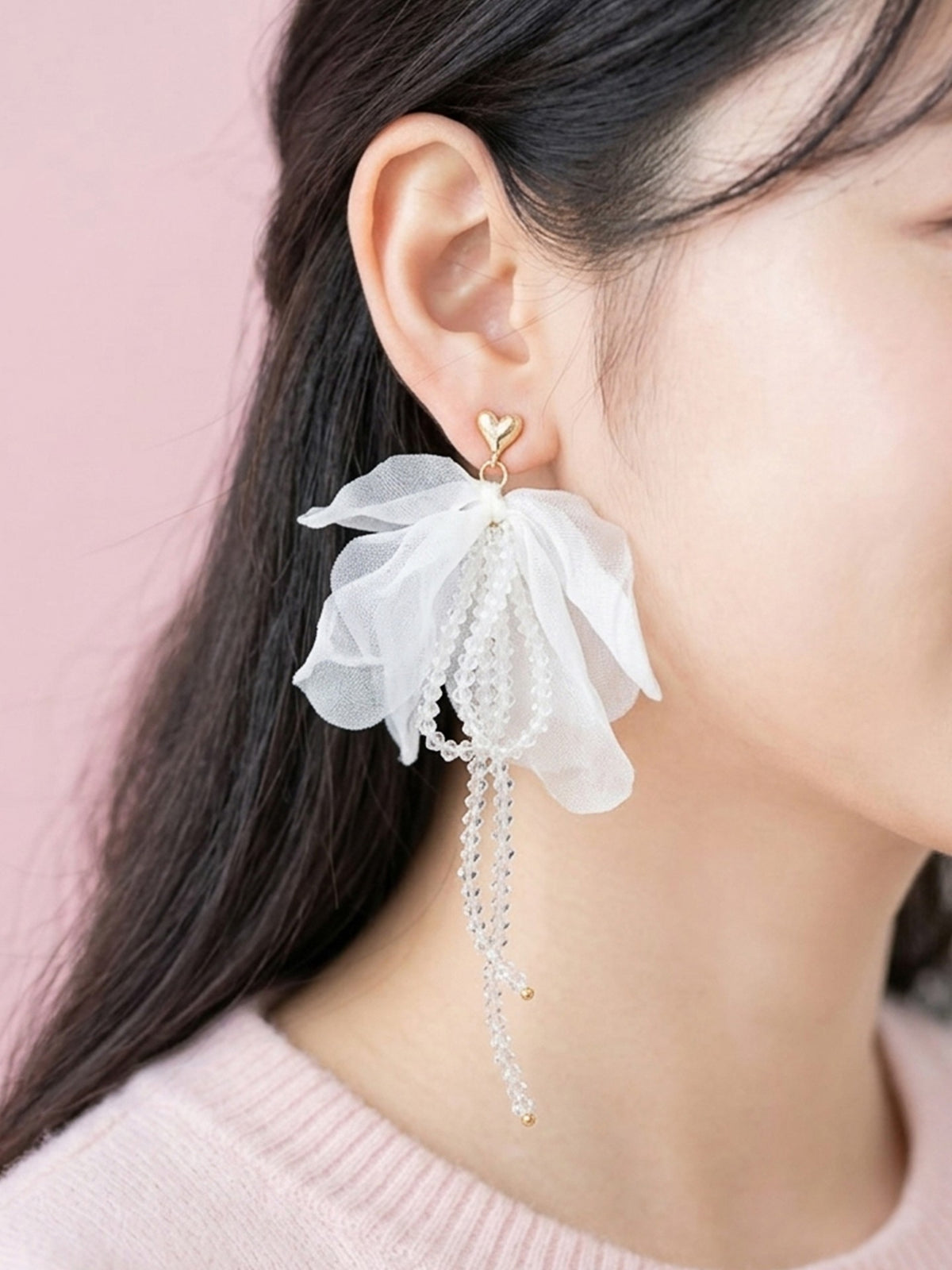 Milky Bloom - White Organza Petal Earrings With Beaded Details