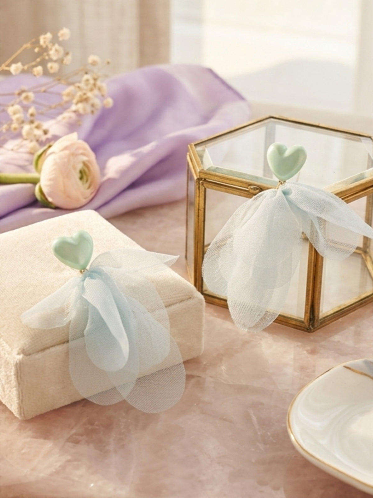 Mint Fairy - Soft Green Organza Petal Drop Earrings