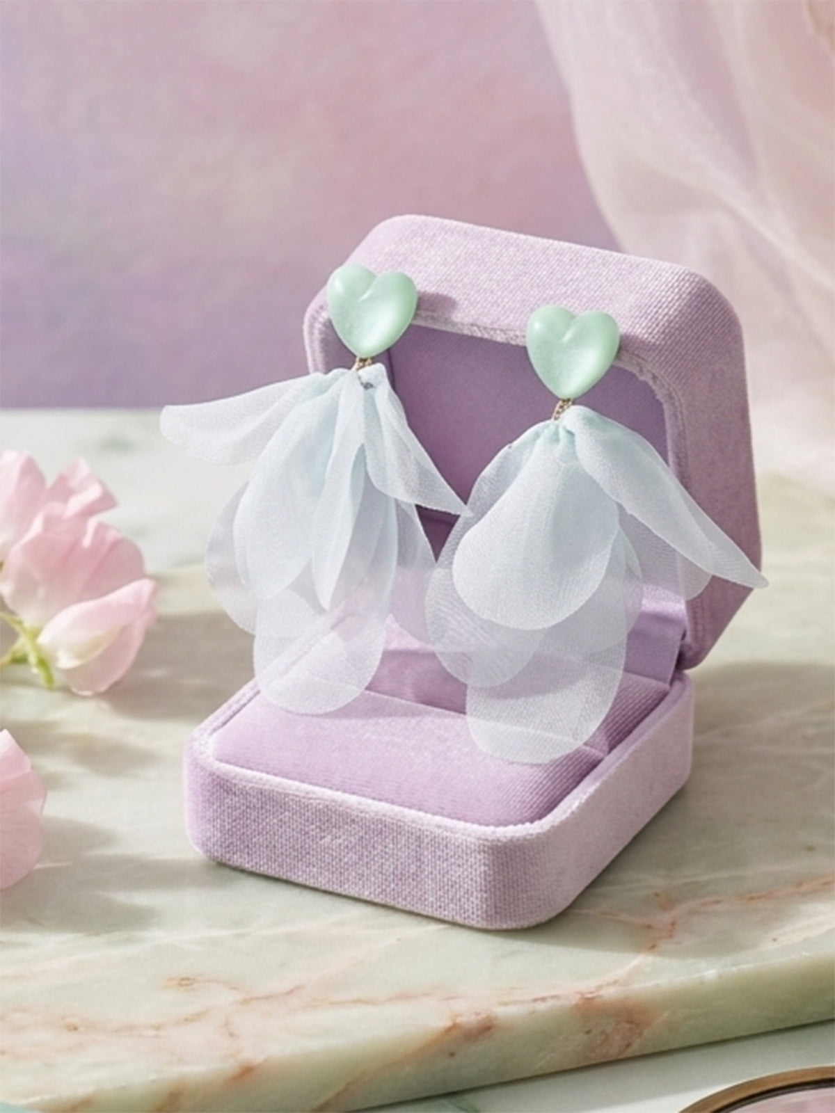 Mint Fairy - Soft Green Organza Petal Drop Earrings