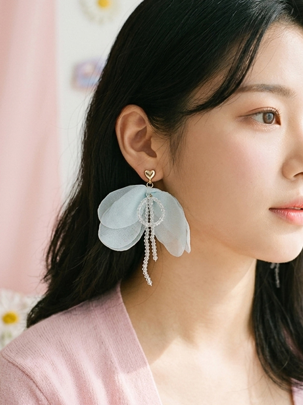 Cloud Nine - Powder Blue Organza Petal Earrings With Beaded Details
