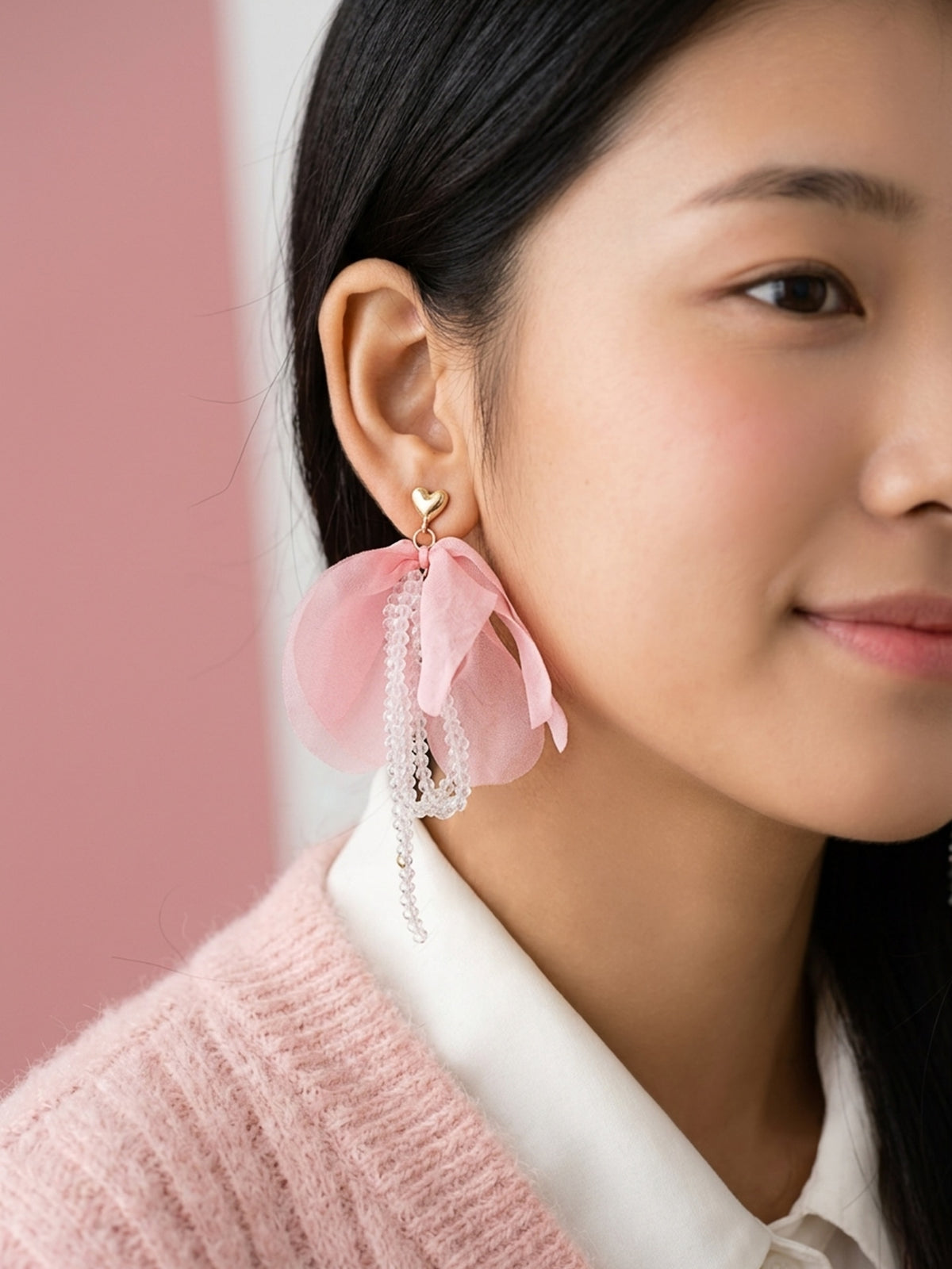 Pink Cloud - Blush Pink Floral Earrings With Beaded Details