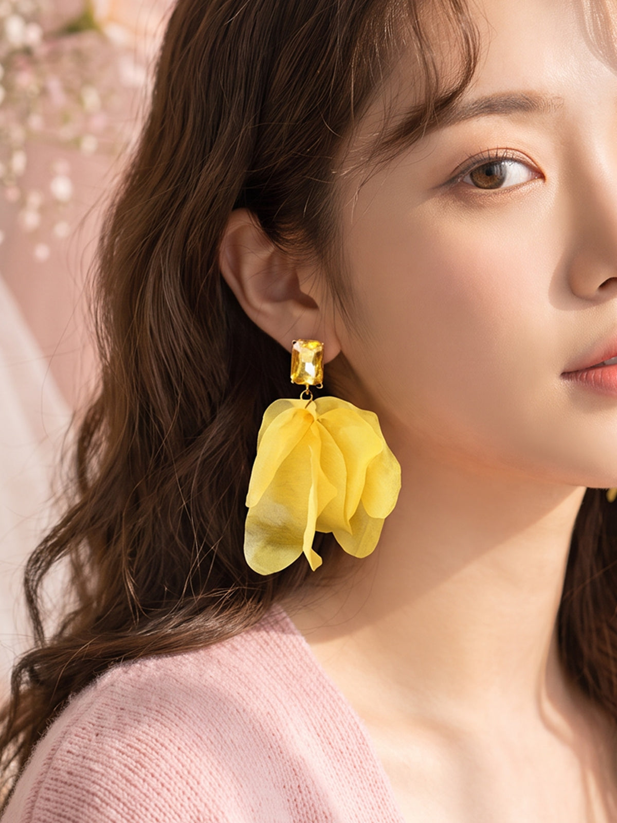 Sunny Flutter - Yellow Organza Petal Drop Earrings