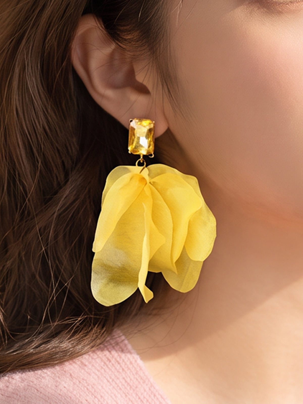 Sunny Flutter - Yellow Organza Petal Drop Earrings
