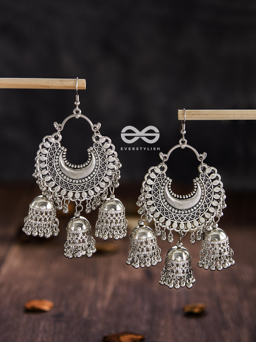 The Motif Moon Triple Jhumkas - Oxidised Boho Earrings
