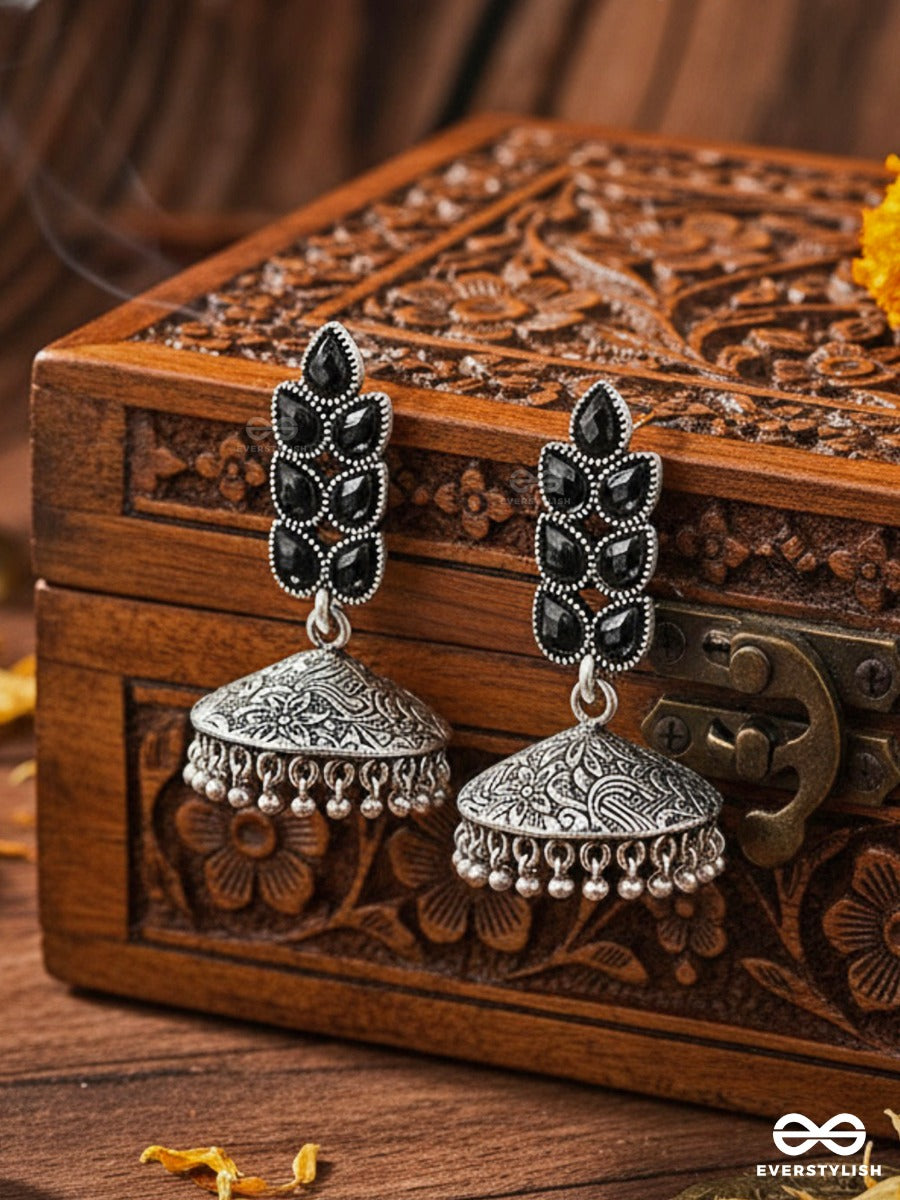 The Olive Branch Intricate Jhumkis - Onyx Black - The Embellished Oxidised Collection