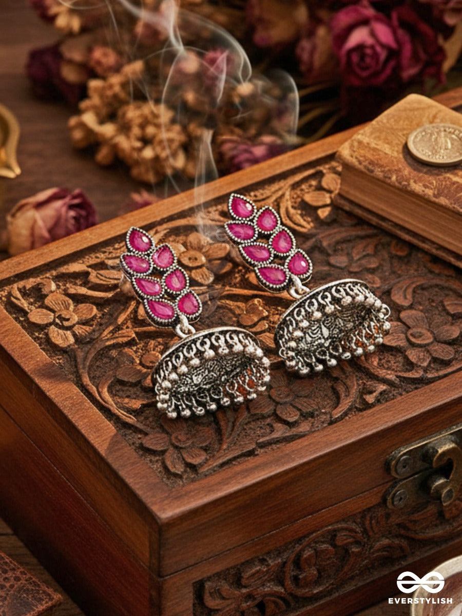 The Olive Branch Intricate Jhumkis - Ruby Red - The Embellished Oxidised Collection
