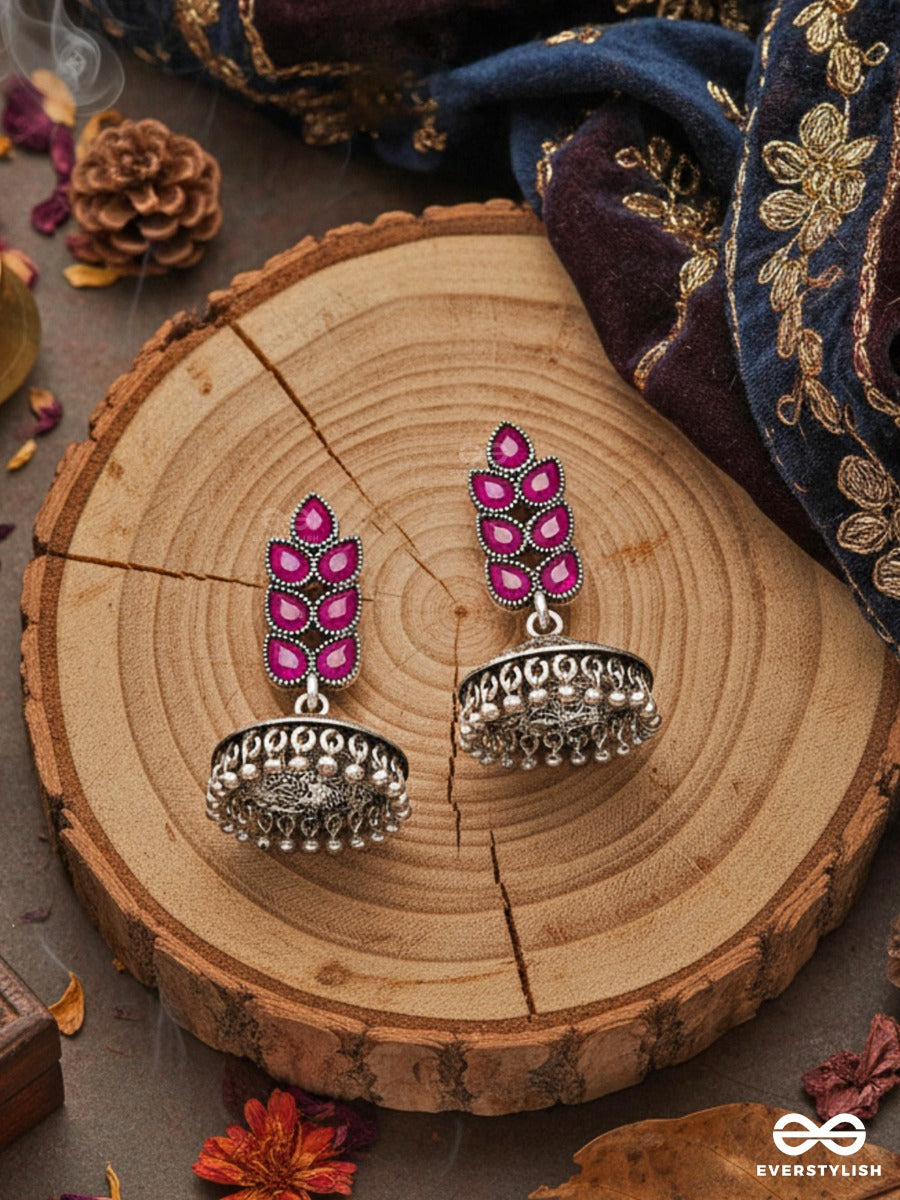 The Olive Branch Intricate Jhumkis - Ruby Red - The Embellished Oxidised Collection