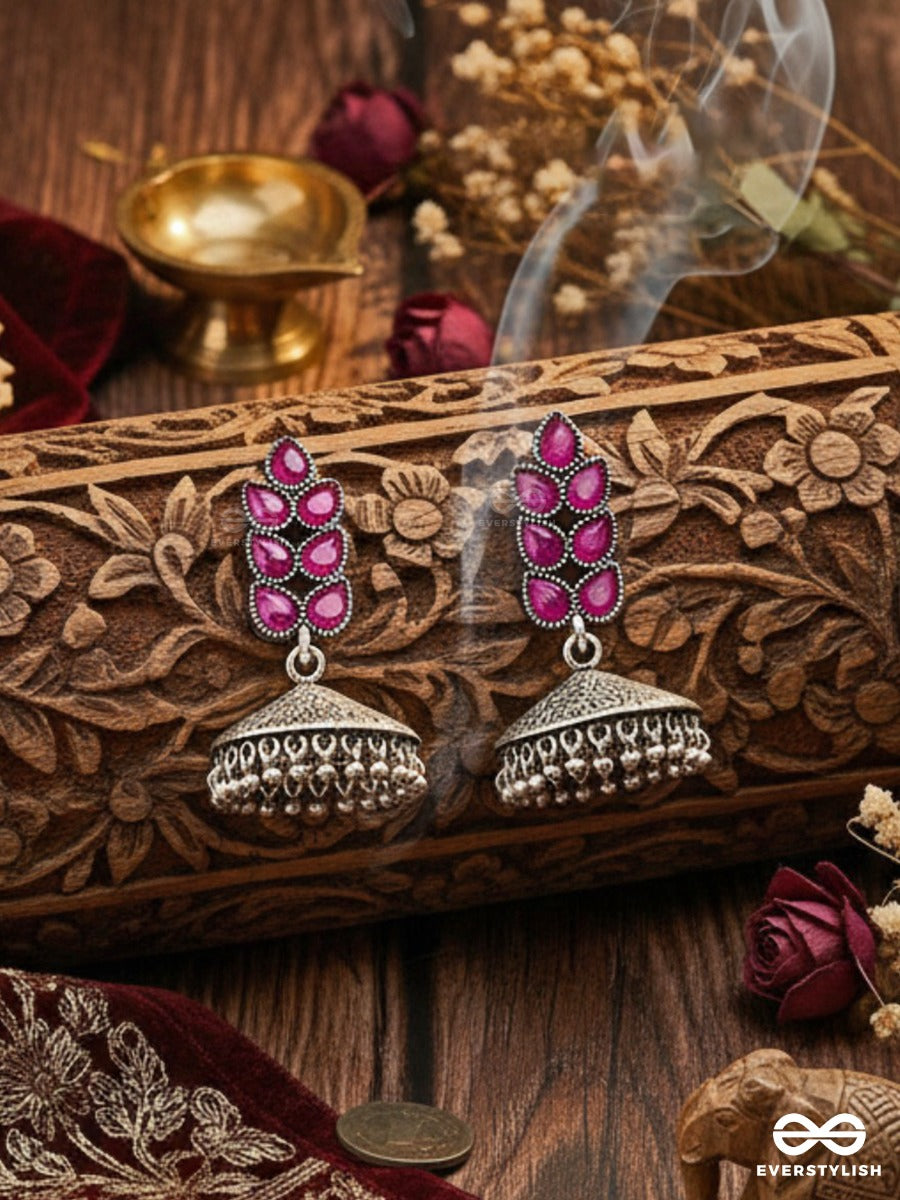 The Olive Branch Intricate Jhumkis - Ruby Red - The Embellished Oxidised Collection