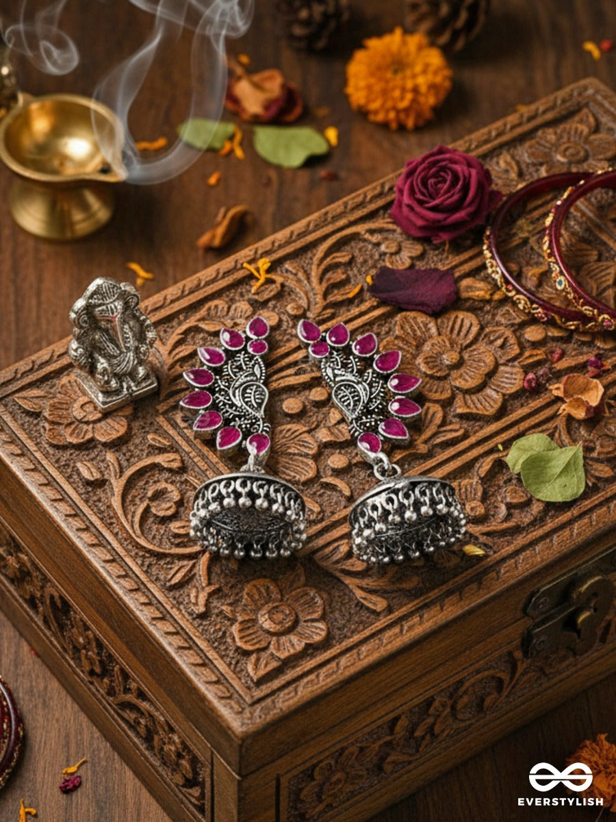 The Bohemian Elegance Floral Jhumkis (Ruby Red) - Oxidised Embellished Collection