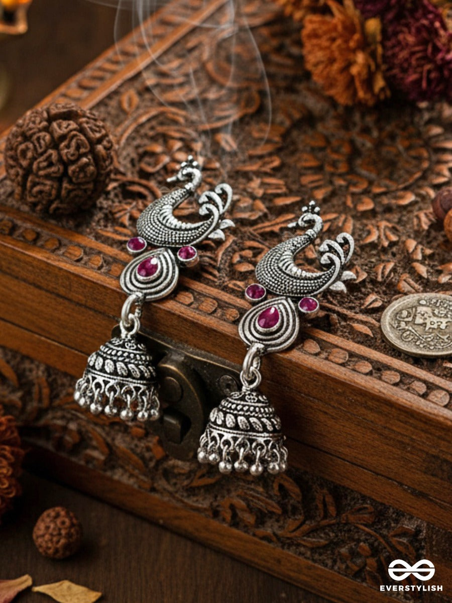 The Dangling Peacock Jhumkis (Ruby Red) - The Embellished Oxidised Collection