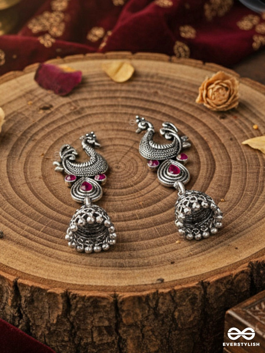 The Dangling Peacock Jhumkis (Ruby Red) - The Embellished Oxidised Collection
