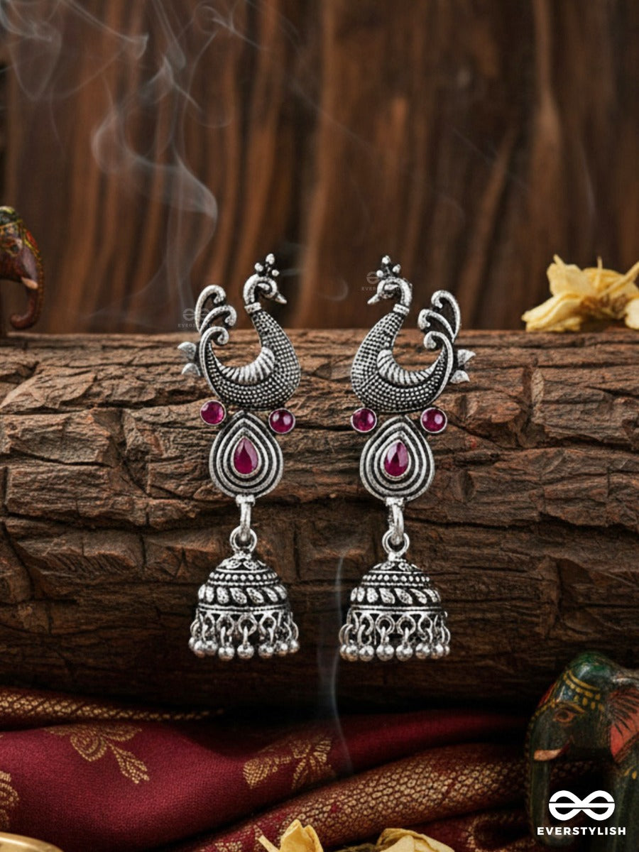 The Dangling Peacock Jhumkis (Ruby Red) - The Embellished Oxidised Collection