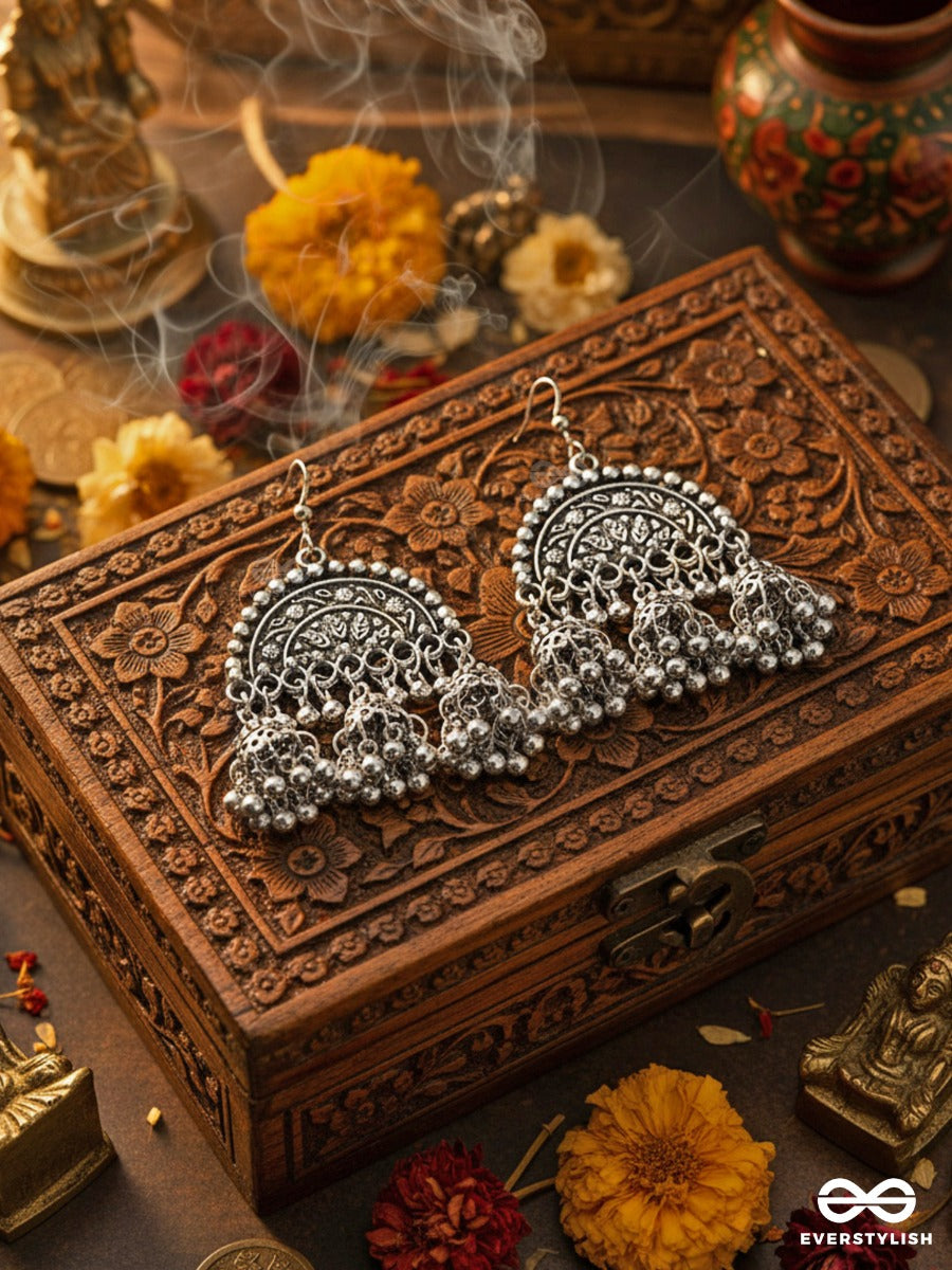 The Motif Moon Jhumkis - Oxidised Boho Earrings