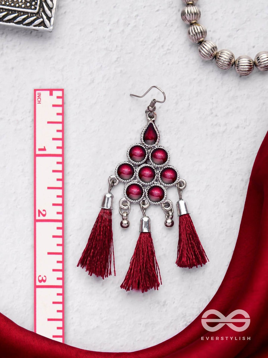 The Enamelled Tassels (Burgundy) - Embellished Oxidised Earrings