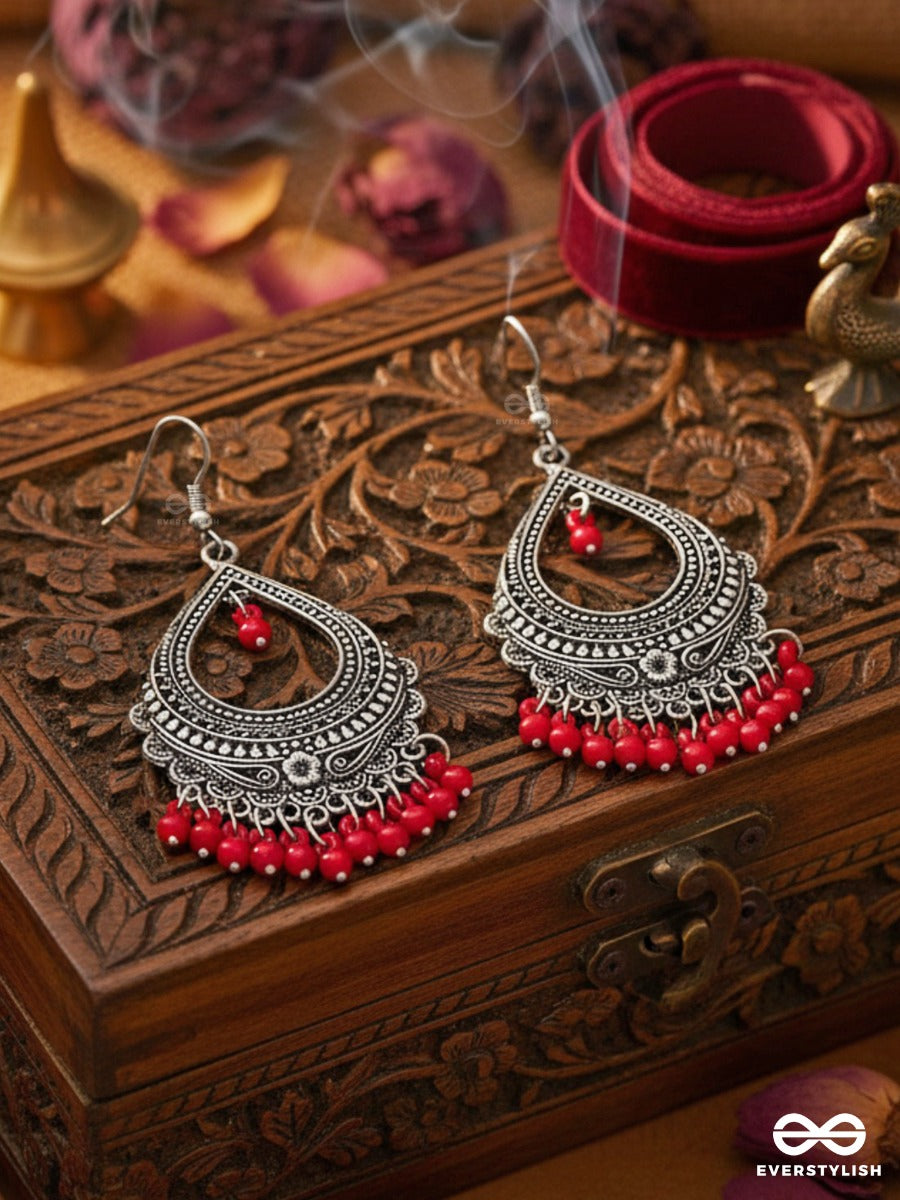 The Intricate Motif Drops - Oxidised Boho Earrings - Red