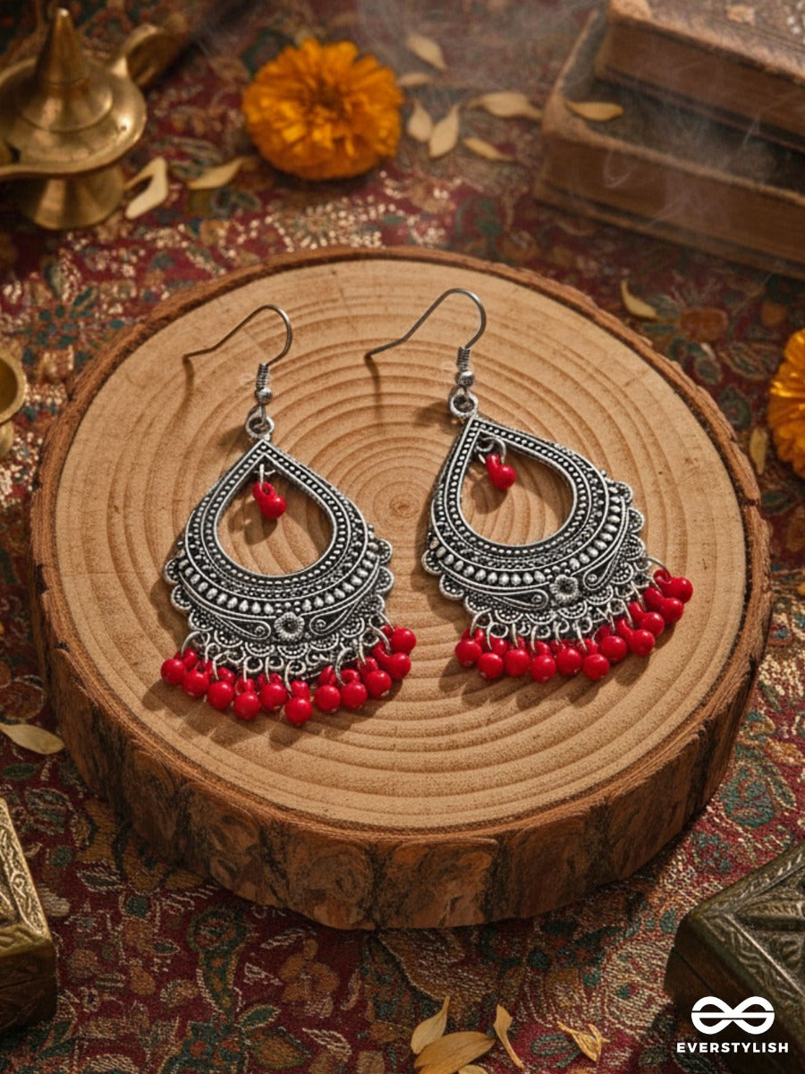 The Intricate Motif Drops - Oxidised Boho Earrings - Red