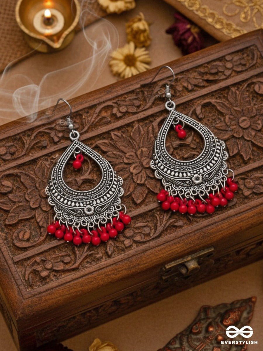 The Intricate Motif Drops - Oxidised Boho Earrings - Red