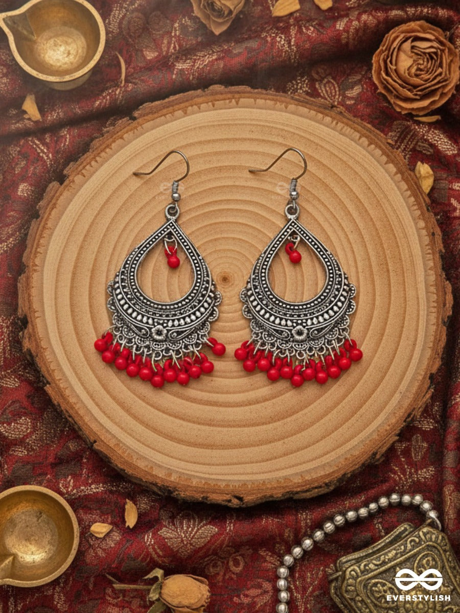The Intricate Motif Drops - Oxidised Boho Earrings - Red