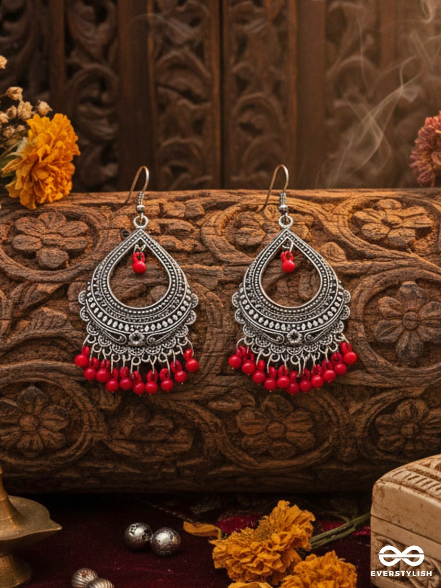 The Intricate Motif Drops - Oxidised Boho Earrings - Red