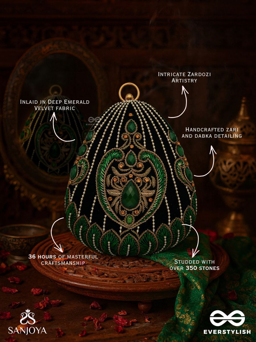 Mehreena – Oval Dark Green Velvet Clutch With Intricate Handwork And Golden Metal Frame