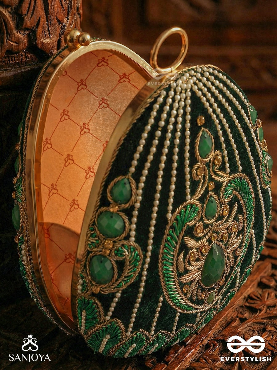 Mehreena – Oval Dark Green Velvet Clutch With Intricate Handwork And Golden Metal Frame