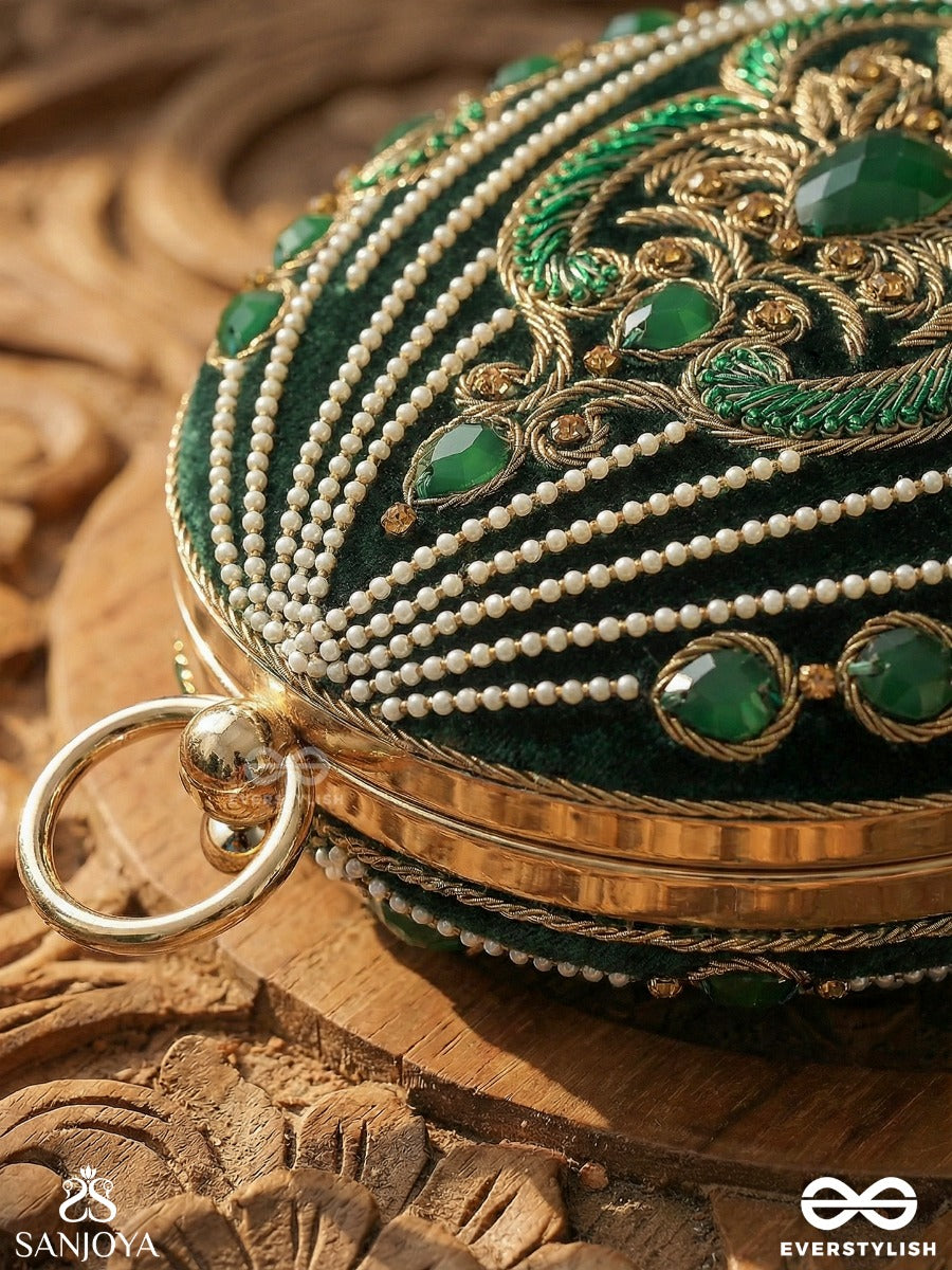 Mehreena – Oval Dark Green Velvet Clutch With Intricate Handwork And Golden Metal Frame